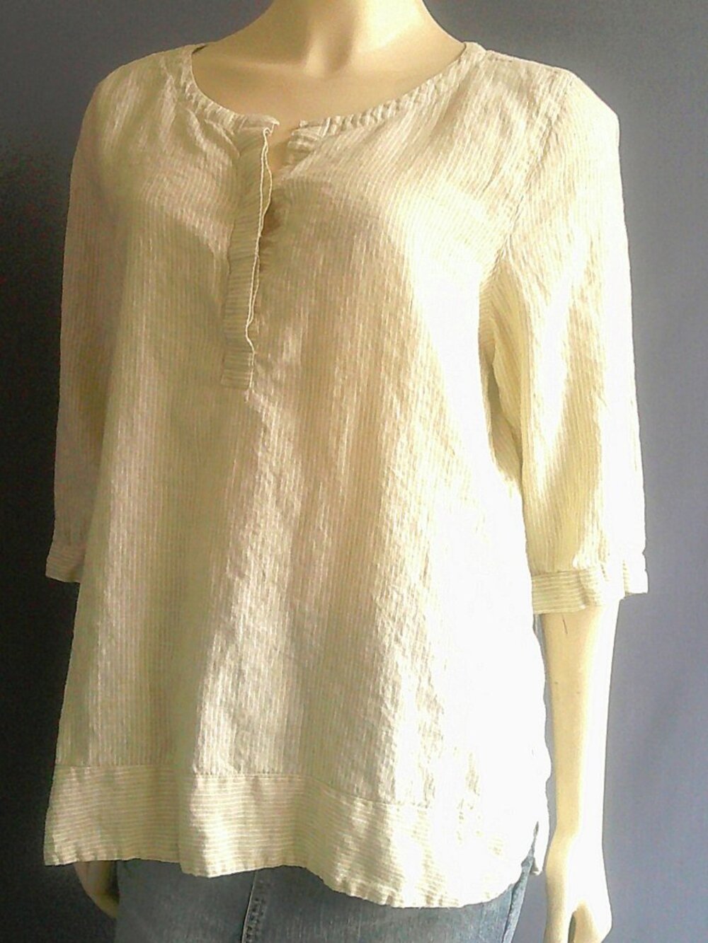 J Jill Women  Love Linen Yellow Green Striped Henley Popover Top L